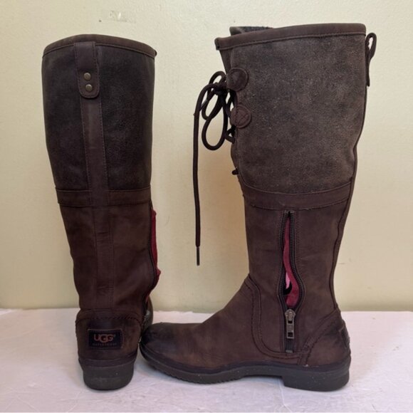 UGG ELSA Waterproof Tall Leather Suede Boots Zipper Laces Brown Winter Neutral 6 - Picture 9 of 16